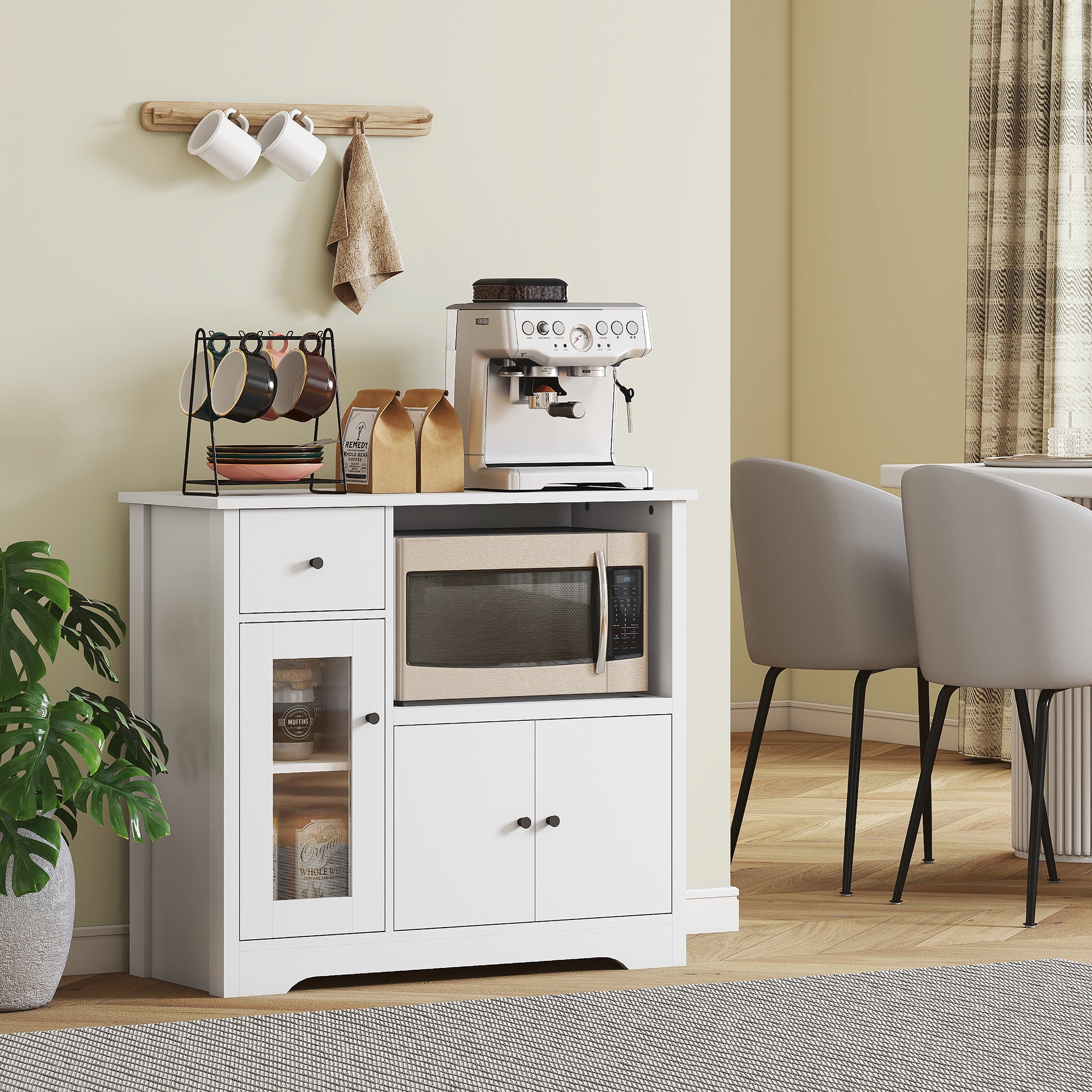 Kitchen Cabinet Sideboard with Microwave Shelf Microwave Cabinet with 3 Doors, Drawer, Adjustable Shelves, Storage Cabinet for Kitchen, Dining Room, Living Room, White