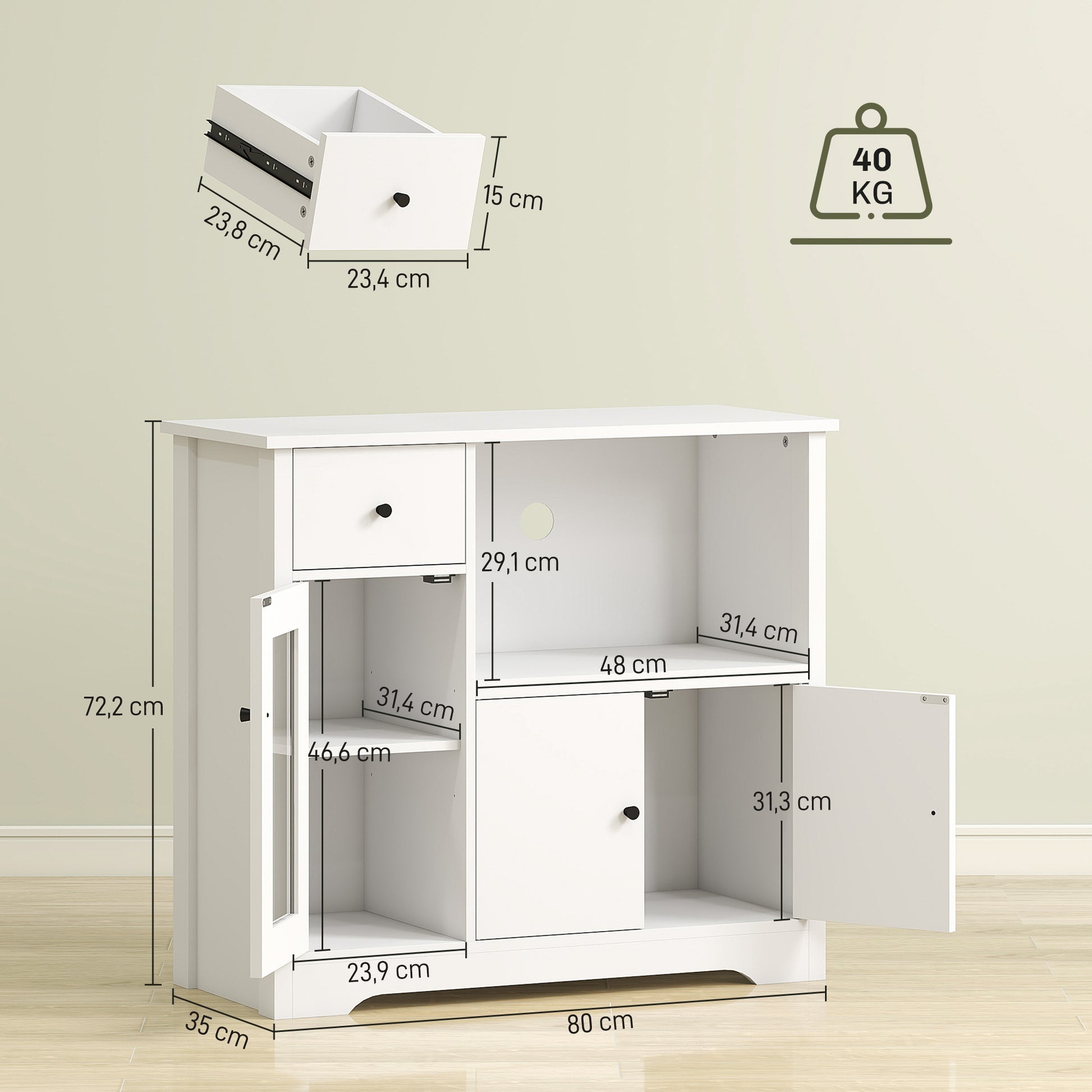 Kitchen Cabinet Sideboard with Microwave Shelf Microwave Cabinet with 3 Doors, Drawer, Adjustable Shelves, Storage Cabinet for Kitchen, Dining Room, Living Room, White
