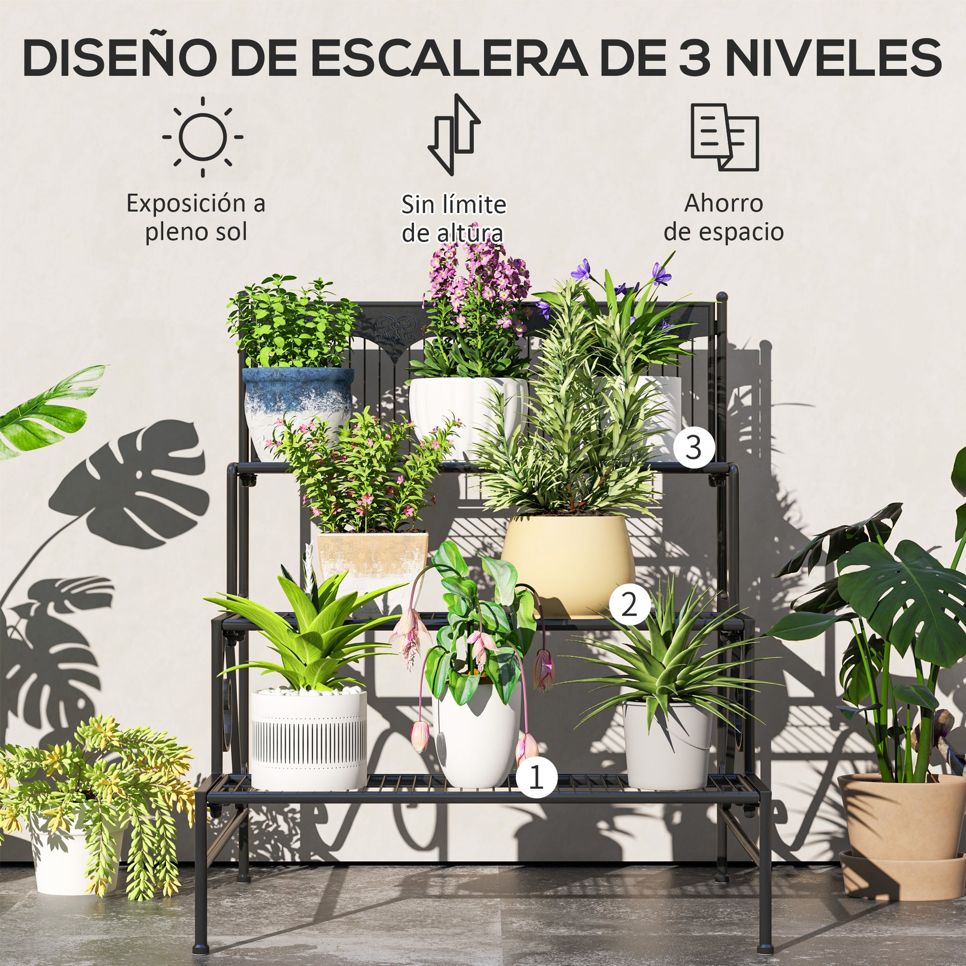 3-Tier Plant Stand Corner Plant Shelf Stair-Style Plant Stand for Pots Indoor and Outdoor 73x66x85 cm Black