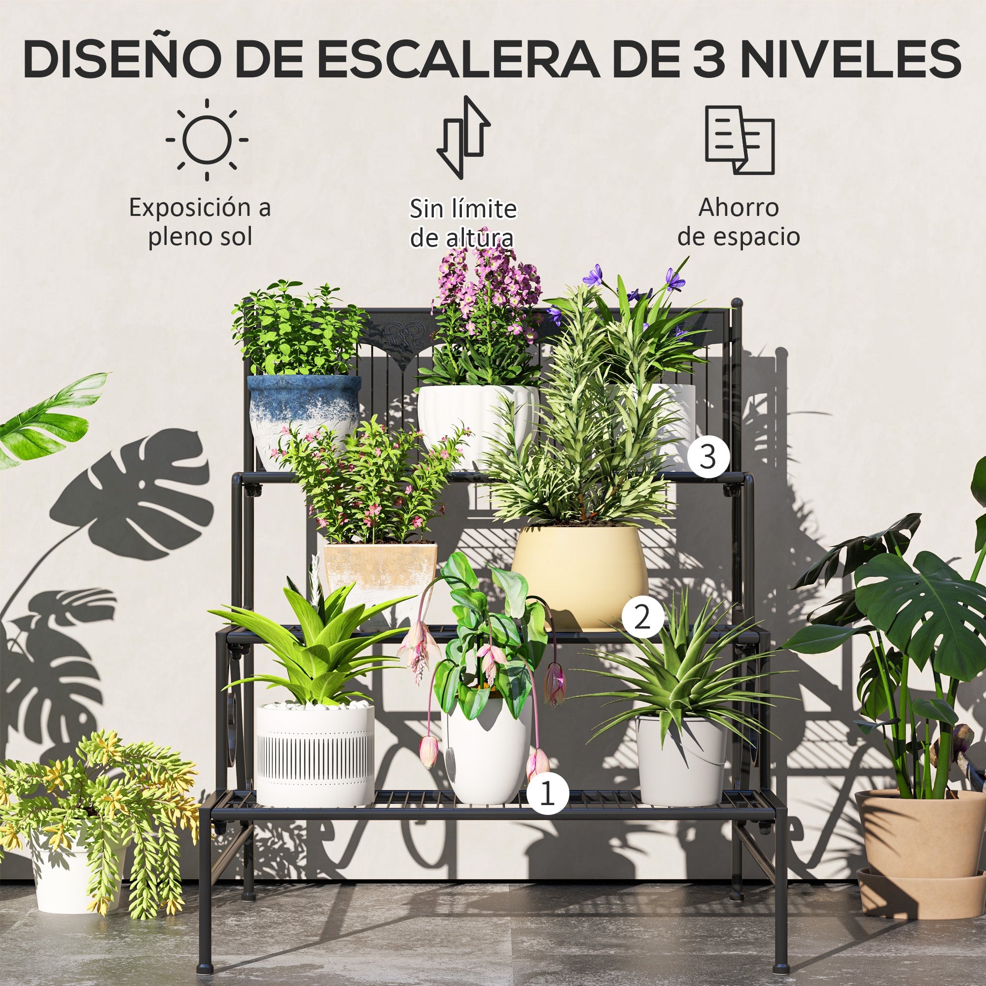 3-Tier Plant Stand Corner Plant Shelf Stair-Style Plant Stand for Pots Indoor and Outdoor 73x66x85 cm Black