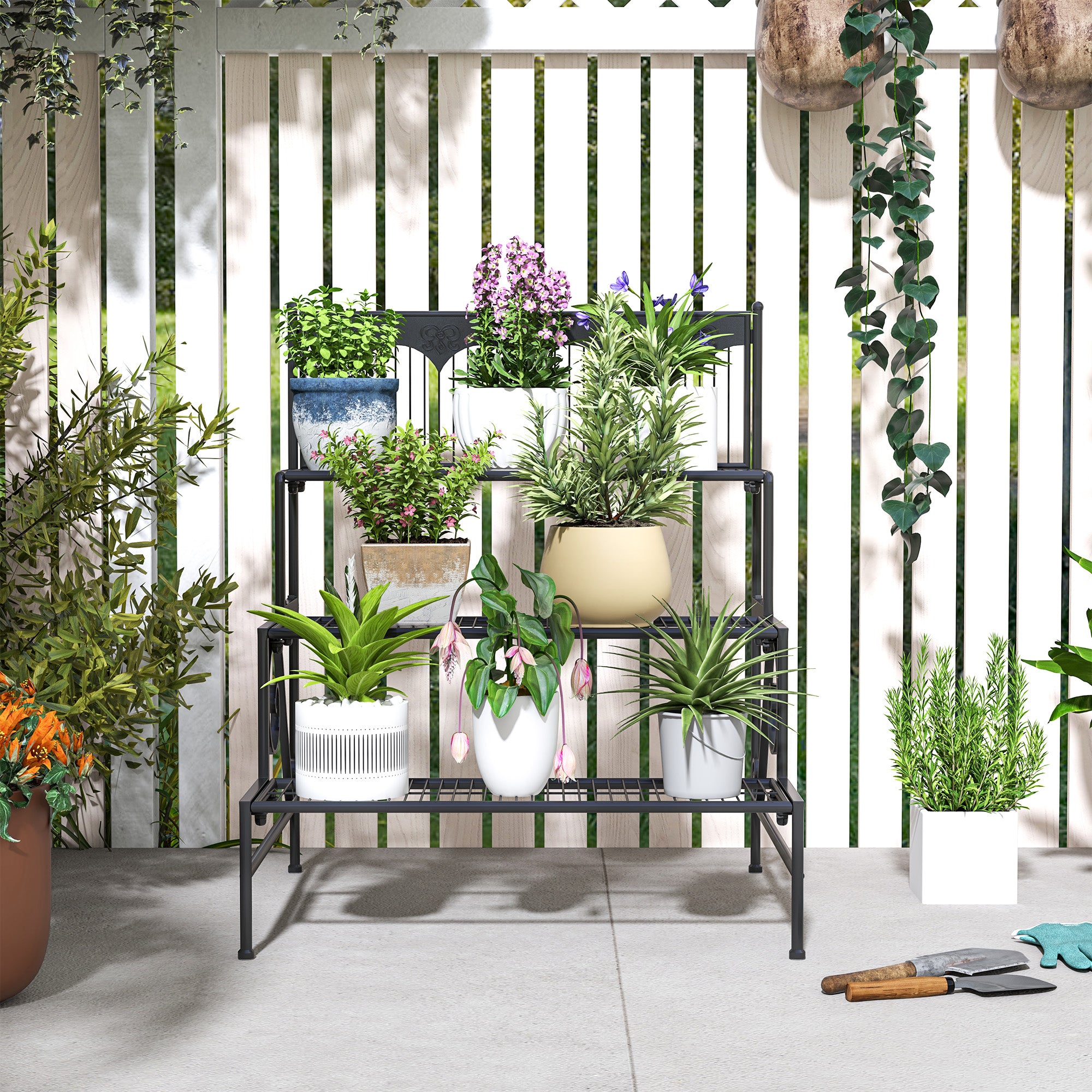 3-Tier Plant Stand Corner Plant Shelf Stair-Style Plant Stand for Pots Indoor and Outdoor 73x66x85 cm Black