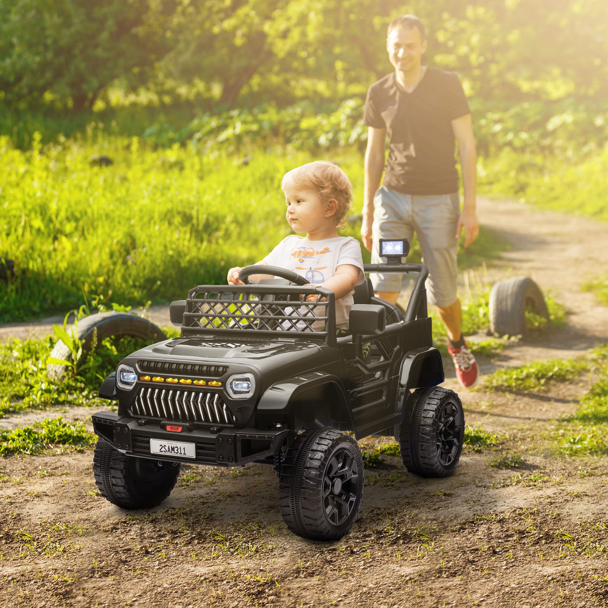 Kids Electric Car for +3 Years Children 12V Battery Powered Children's Electric Car with Remote Control Adjustable Speed USB Headlights Horn Black
