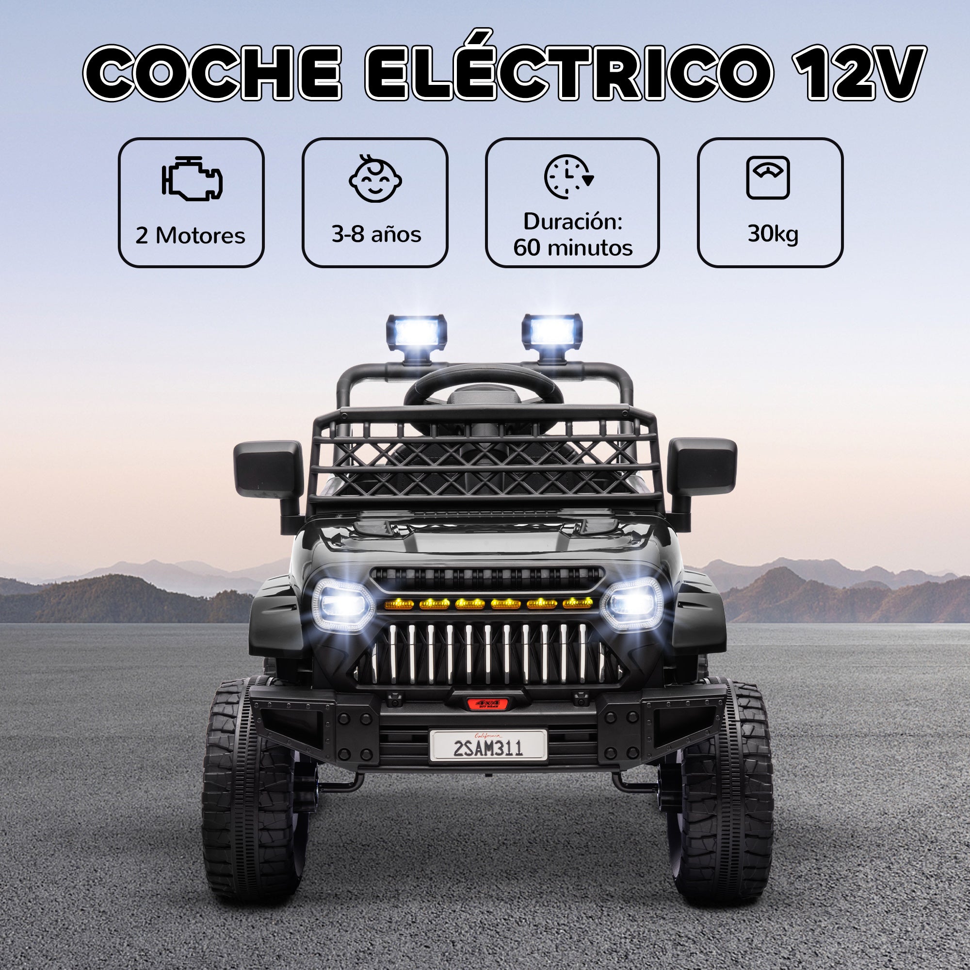 Kids Electric Car for +3 Years Children 12V Battery Powered Children's Electric Car with Remote Control Adjustable Speed USB Headlights Horn Black