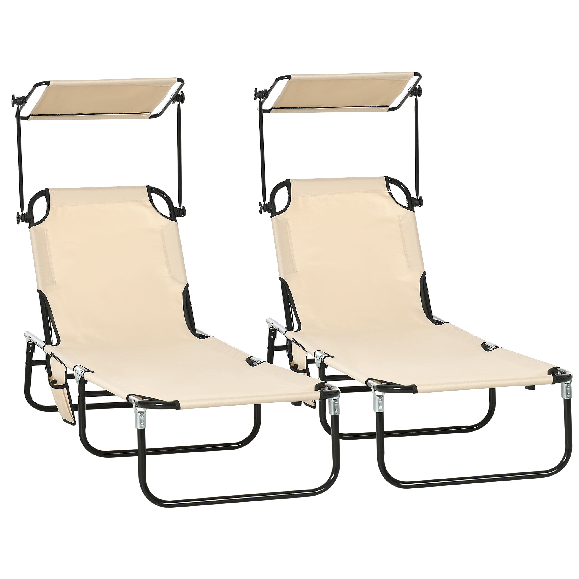 2-Pack Folding Sun Loungers with Canopy — 5-Position Adjustable Backrest, 265 lb Capacity, Outdoor Pool & Beach Chairs, Brown