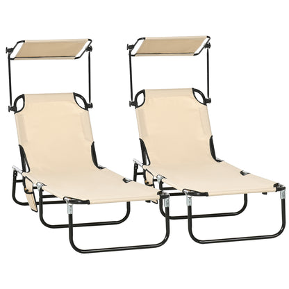 2-Pack Folding Sun Loungers with Canopy — 5-Position Adjustable Backrest, 265 lb Capacity, Outdoor Pool & Beach Chairs, Brown