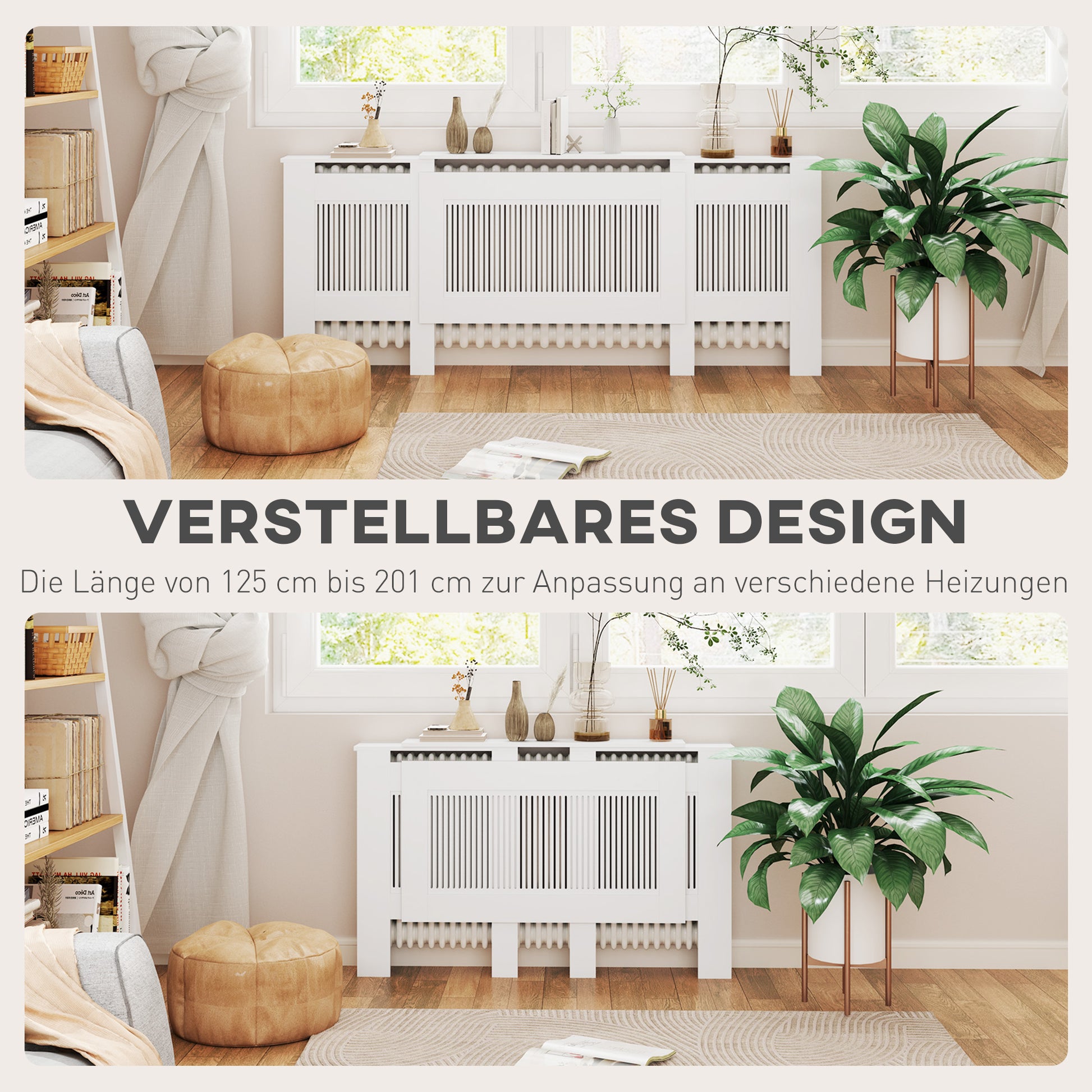 Radiator Cover Extendable Radiator Cover with Shelf, Slats, Radiator Cover Radiator Enclosure Radiator Cover 125-201 x 19 x 81.5 cm White