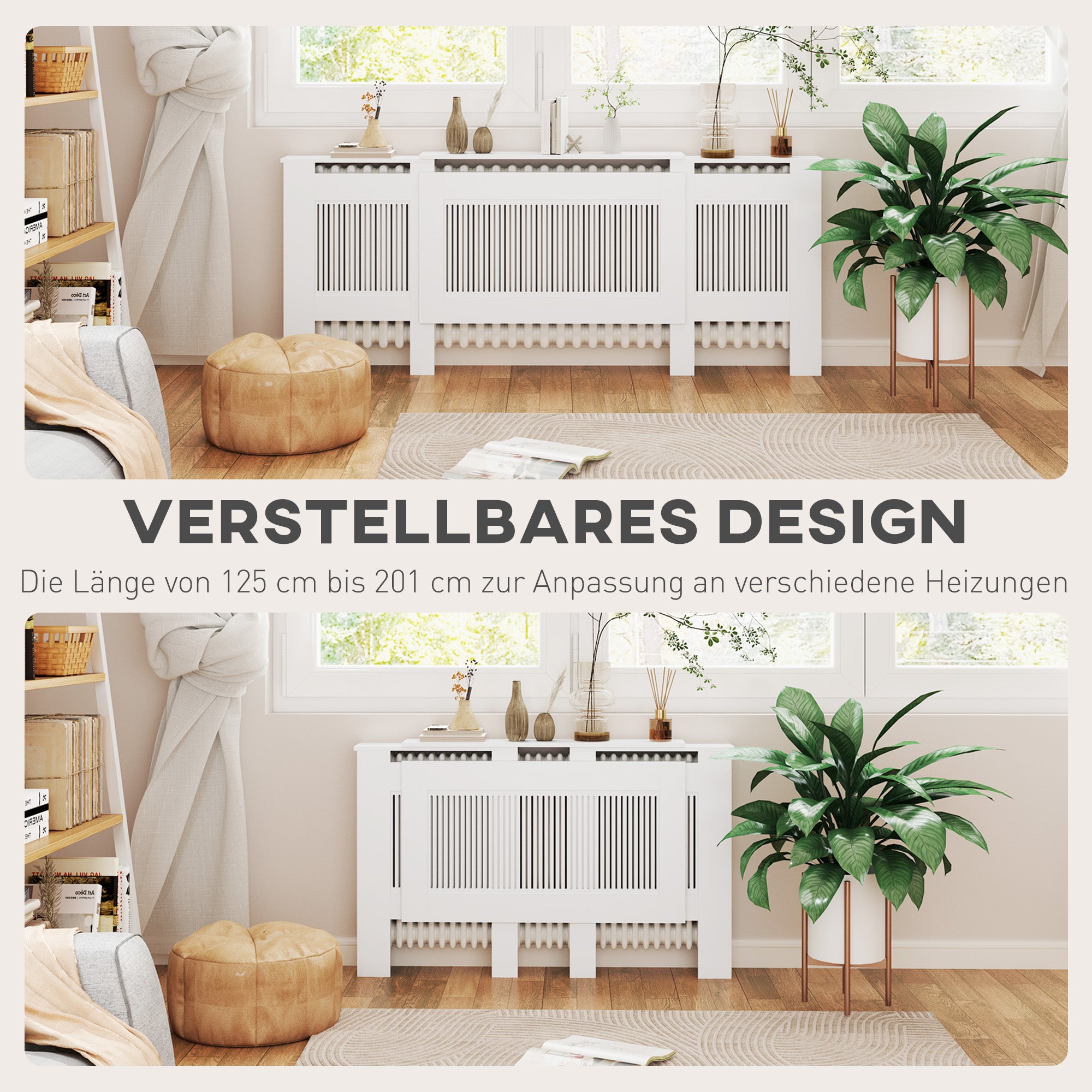Radiator Cover Extendable Radiator Cover with Shelf, Slats, Radiator Cover Radiator Enclosure Radiator Cover 125-201 x 19 x 81.5 cm White