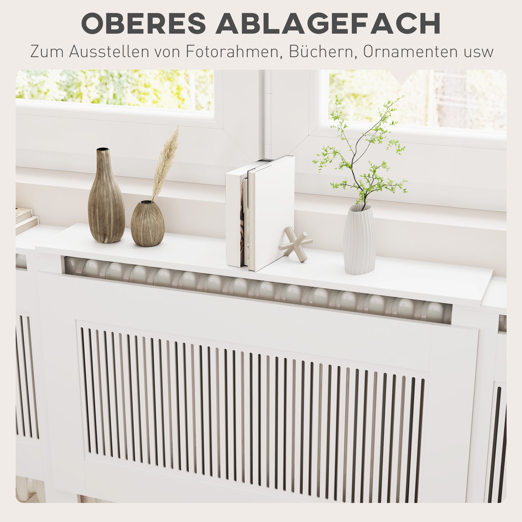 Radiator Cover Extendable Radiator Cover with Shelf, Slats, Radiator Cover Radiator Enclosure Radiator Cover 125-201 x 19 x 81.5 cm White