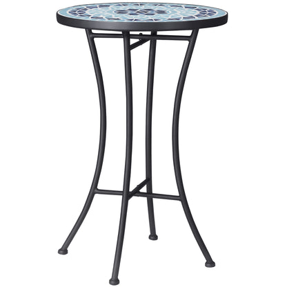 Round Garden Coffee Table with Ceramic Mosaic Top, Ф35.5x53.5cm, Blue