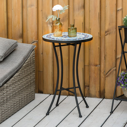 Round Garden Coffee Table with Ceramic Mosaic Top, Ф35.5x53.5cm, Blue
