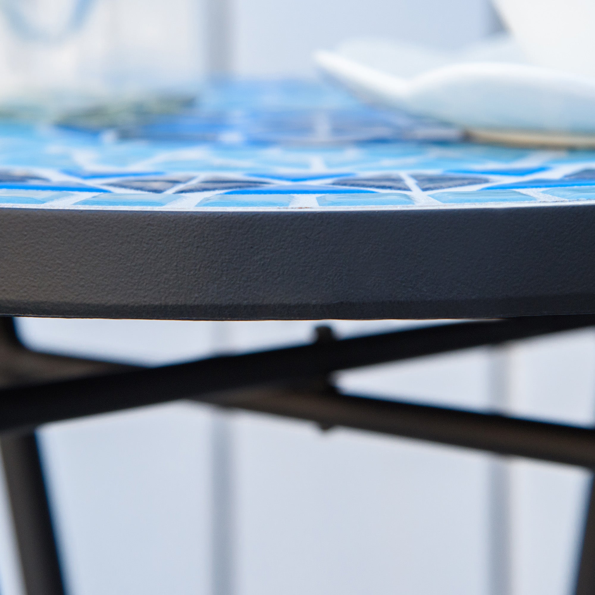 Round Garden Coffee Table with Ceramic Mosaic Top, Ф35.5x53.5cm, Blue
