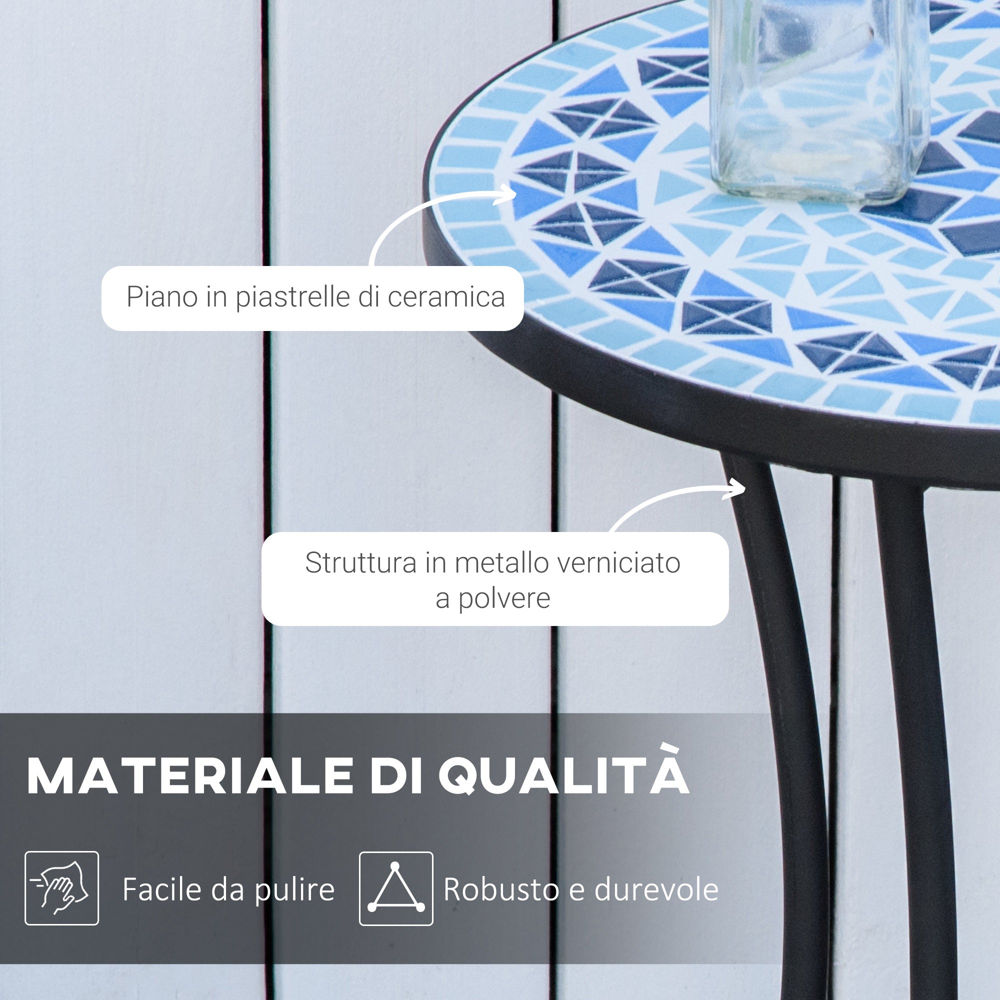 Round Garden Coffee Table with Ceramic Mosaic Top, Ф35.5x53.5cm, Blue