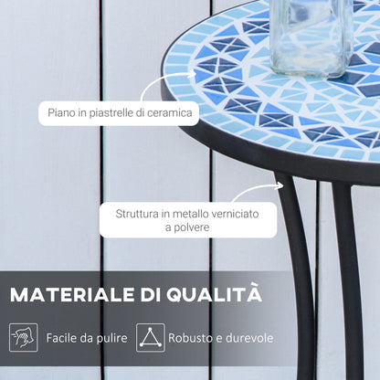 Round Garden Coffee Table with Ceramic Mosaic Top, Ф35.5x53.5cm, Blue