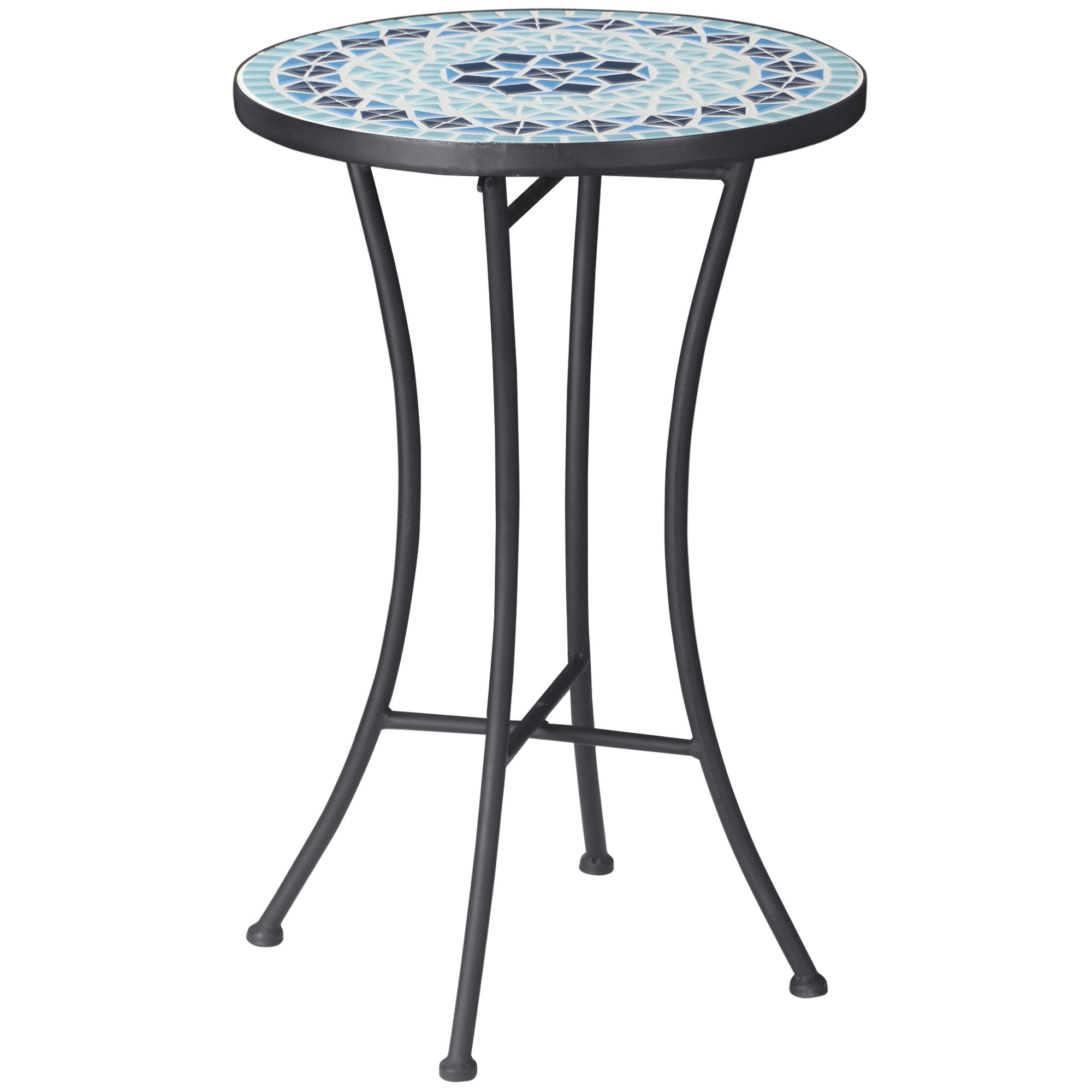 Round Garden Coffee Table with Ceramic Mosaic Top, Ф35.5x53.5cm, Blue