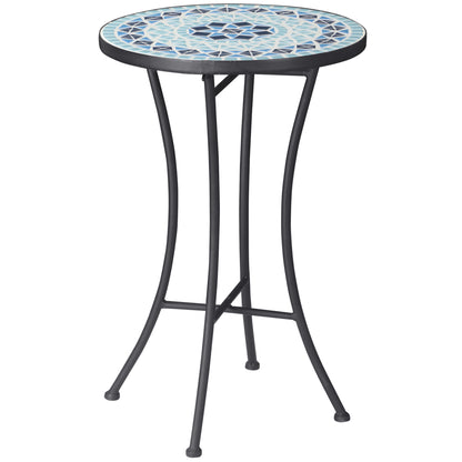 Round Garden Coffee Table with Ceramic Mosaic Top, Ф35.5x53.5cm, Blue