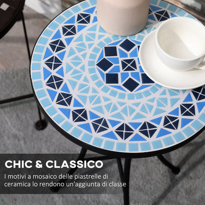 Round Garden Coffee Table with Ceramic Mosaic Top, Ф35.5x53.5cm, Blue
