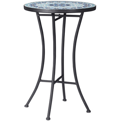 Round Garden Coffee Table with Ceramic Mosaic Top, Ф35.5x53.5cm, Blue