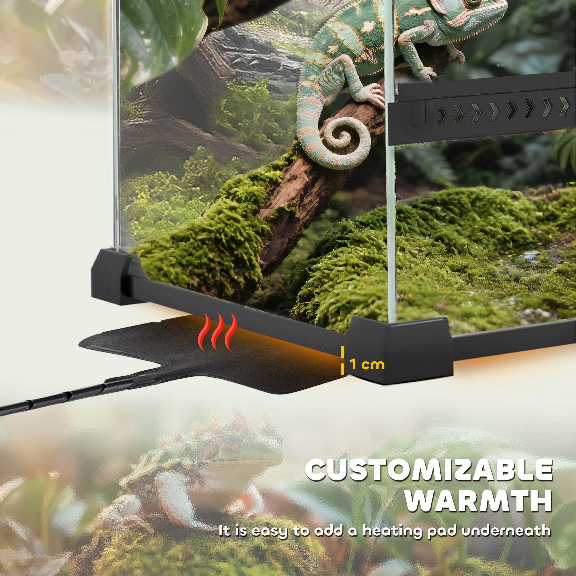 Glass Terrarium for Reptiles — 48 L Enclosure with Front Ventilation, Rock Backdrop, Escape-Proof Knob Lock, Black (50 × 30 × 35 cm / 19.7 × 11.8 × 13.8 in)