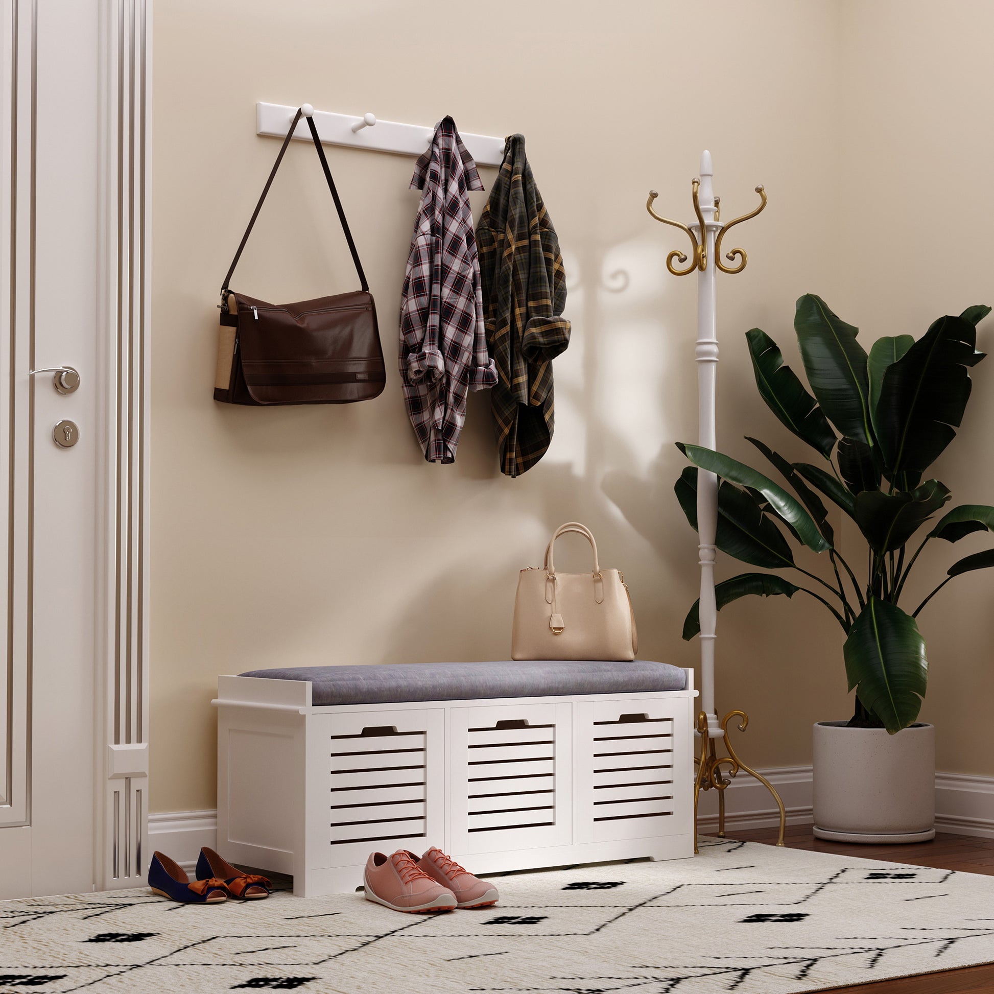 Shoe Bench Shoe Cabinet with 3 Drawers and Removable Seat Cushion, Storage Bench for Hallway, Entryway, Bedroom, dim. 108L x 35W x 43H cm, white