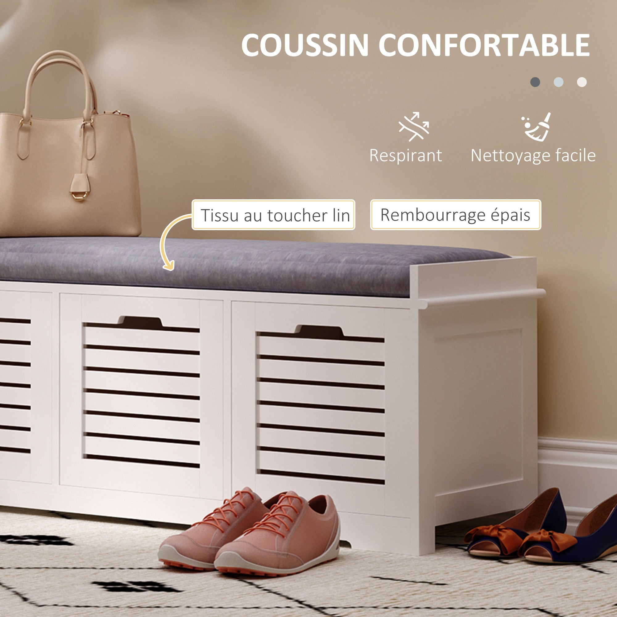 Shoe Bench Shoe Cabinet with 3 Drawers and Removable Seat Cushion, Storage Bench for Hallway, Entryway, Bedroom, dim. 108L x 35W x 43H cm, white