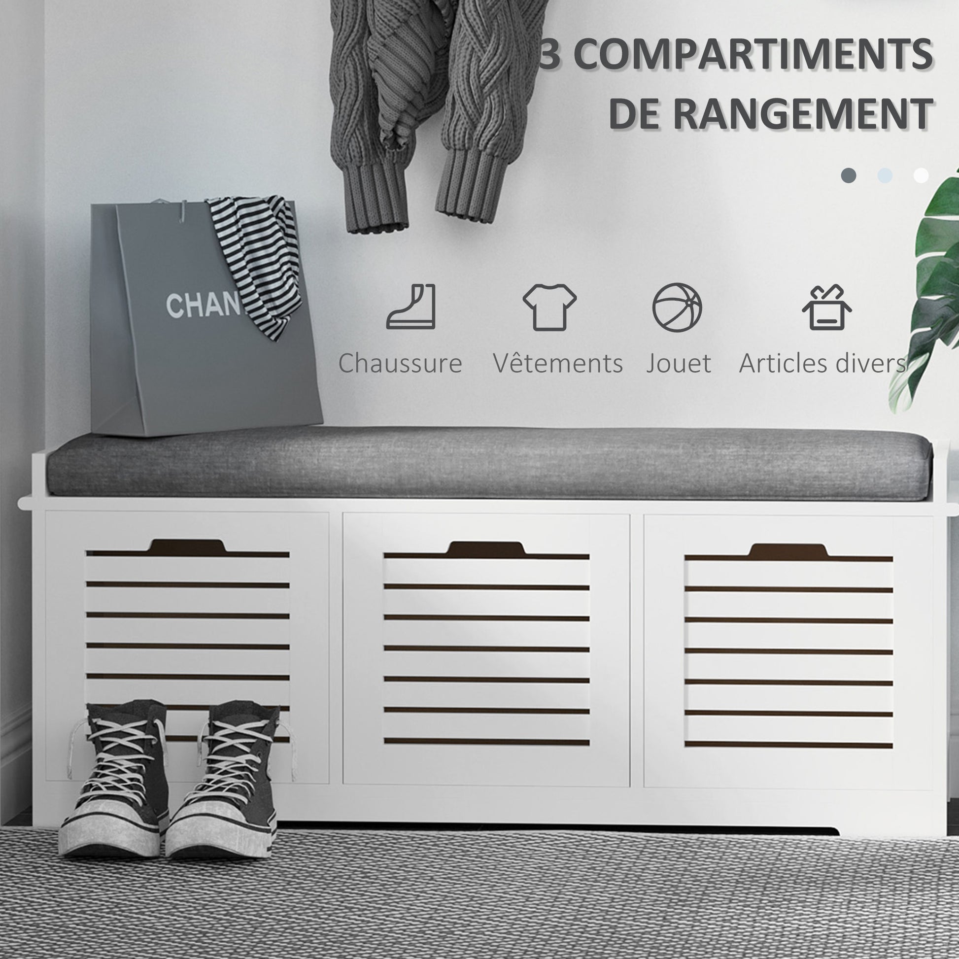 Shoe Bench Shoe Cabinet with 3 Drawers and Removable Seat Cushion, Storage Bench for Hallway, Entryway, Bedroom, dim. 108L x 35W x 43H cm, white