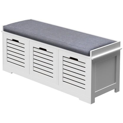Shoe Bench Shoe Cabinet with 3 Drawers and Removable Seat Cushion, Storage Bench for Hallway, Entryway, Bedroom, dim. 108L x 35W x 43H cm, white