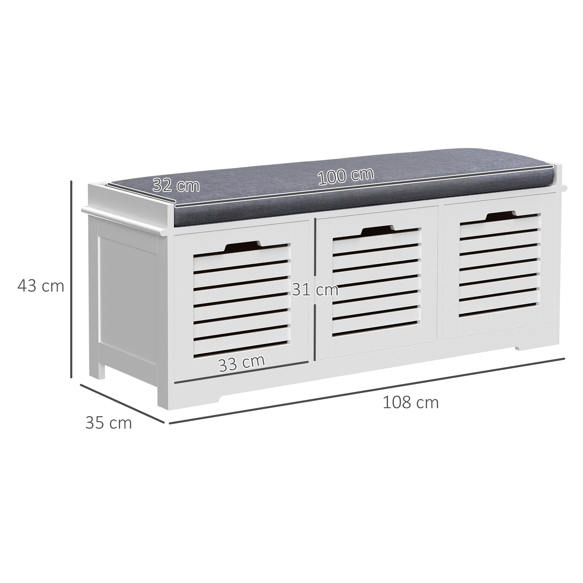 Shoe Bench Shoe Cabinet with 3 Drawers and Removable Seat Cushion, Storage Bench for Hallway, Entryway, Bedroom, dim. 108L x 35W x 43H cm, white