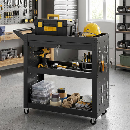 Tool Cart (Empty) – 3-Tier Workshop Trolley with Peg Panels & Lockable Drawer, Locking Casters, 198 lb Capacity, Black