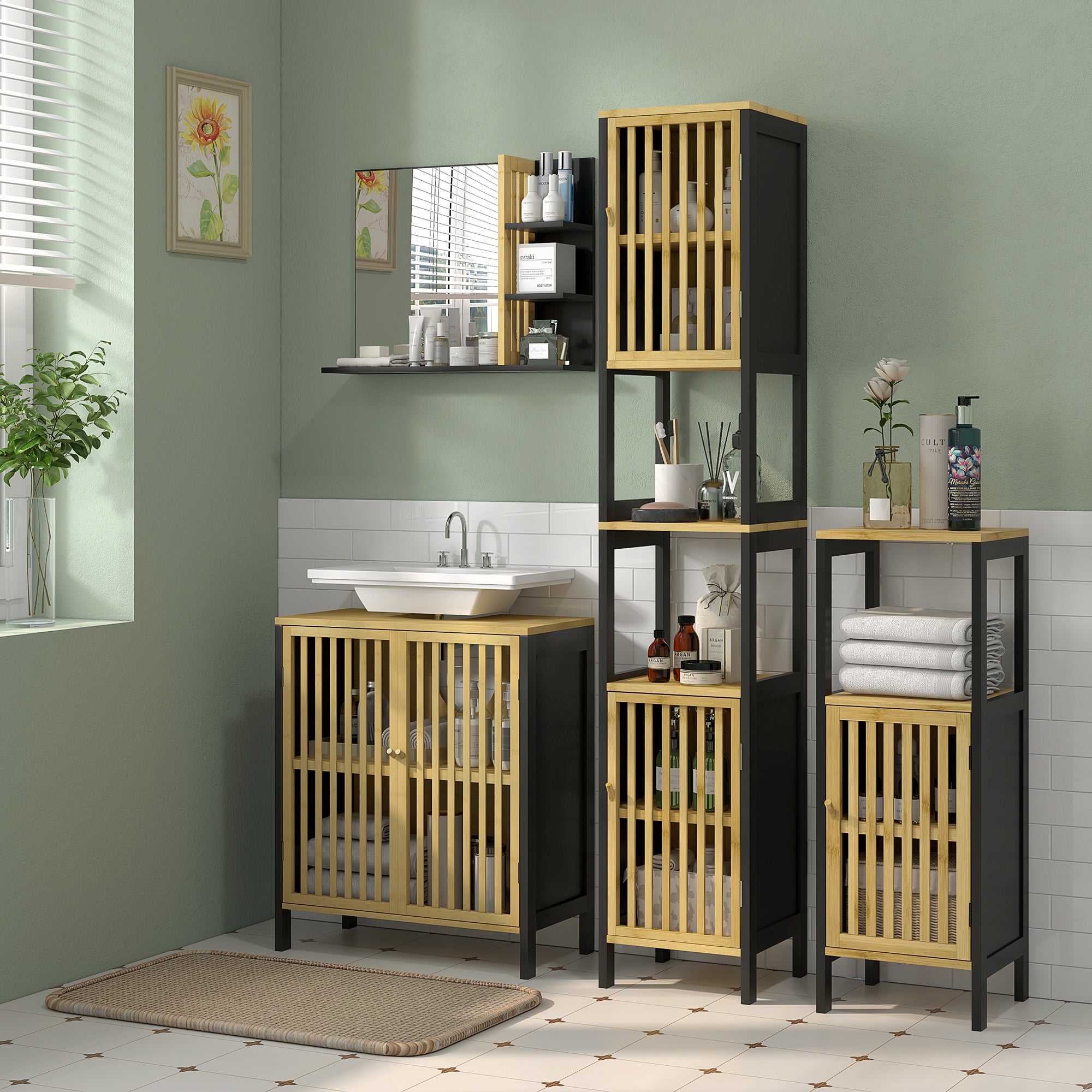 Under-Sink Vanity Cabinet Bathroom Storage Cabinet with Adjustable Shelf for Sink 60 x 30 x 70 cm in Black and Natural Bamboo