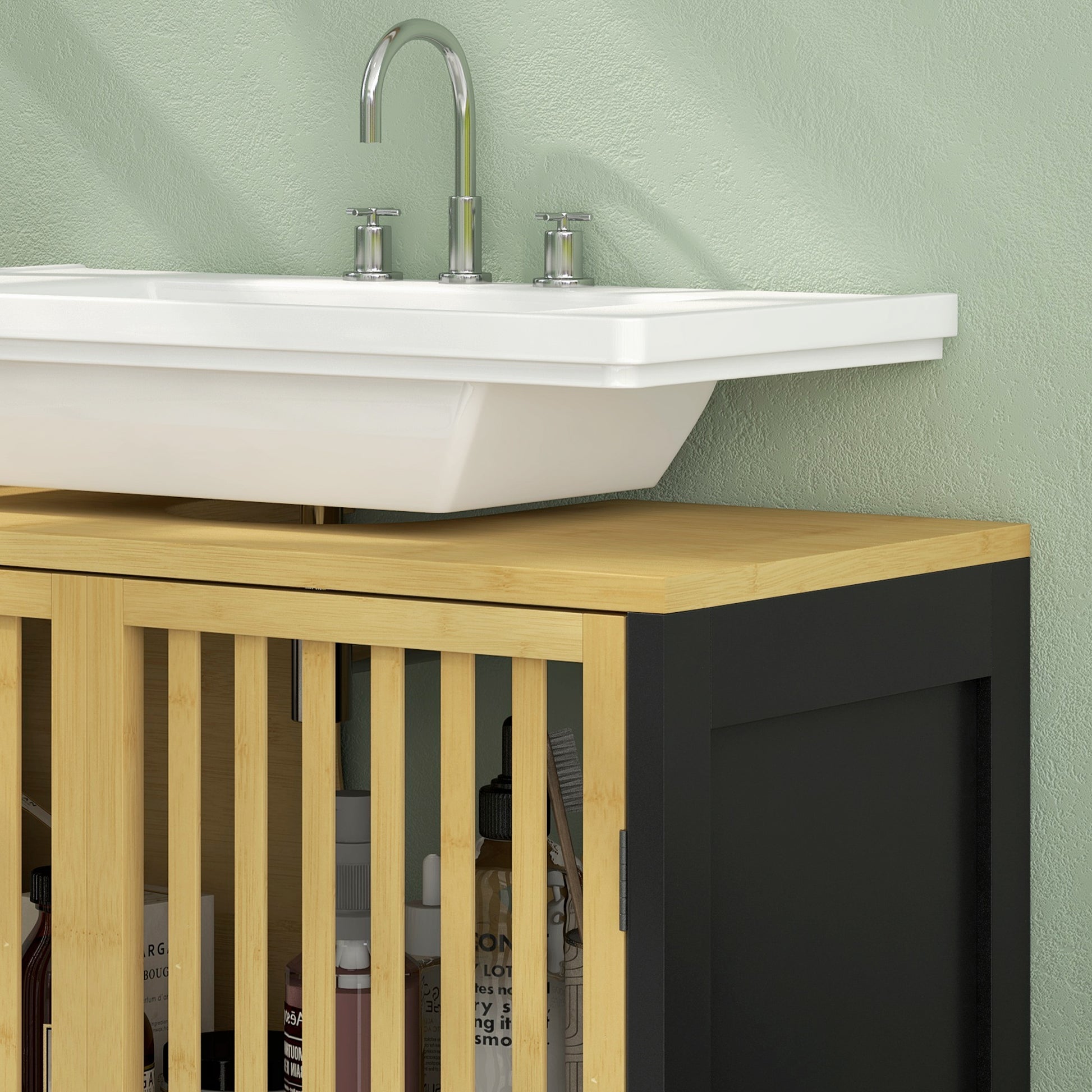 Under-Sink Vanity Cabinet Bathroom Storage Cabinet with Adjustable Shelf for Sink 60 x 30 x 70 cm in Black and Natural Bamboo