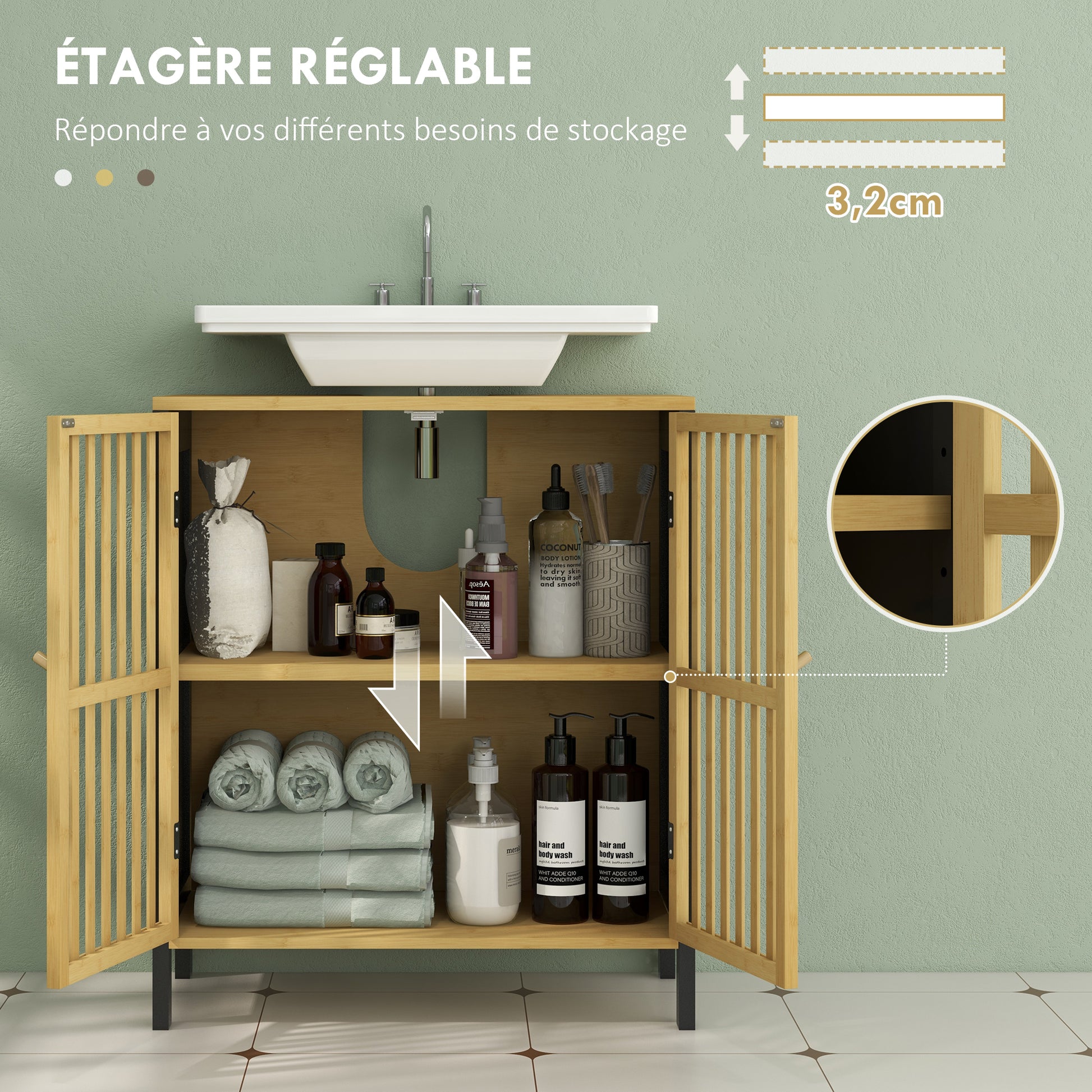 Under-Sink Vanity Cabinet Bathroom Storage Cabinet with Adjustable Shelf for Sink 60 x 30 x 70 cm in Black and Natural Bamboo