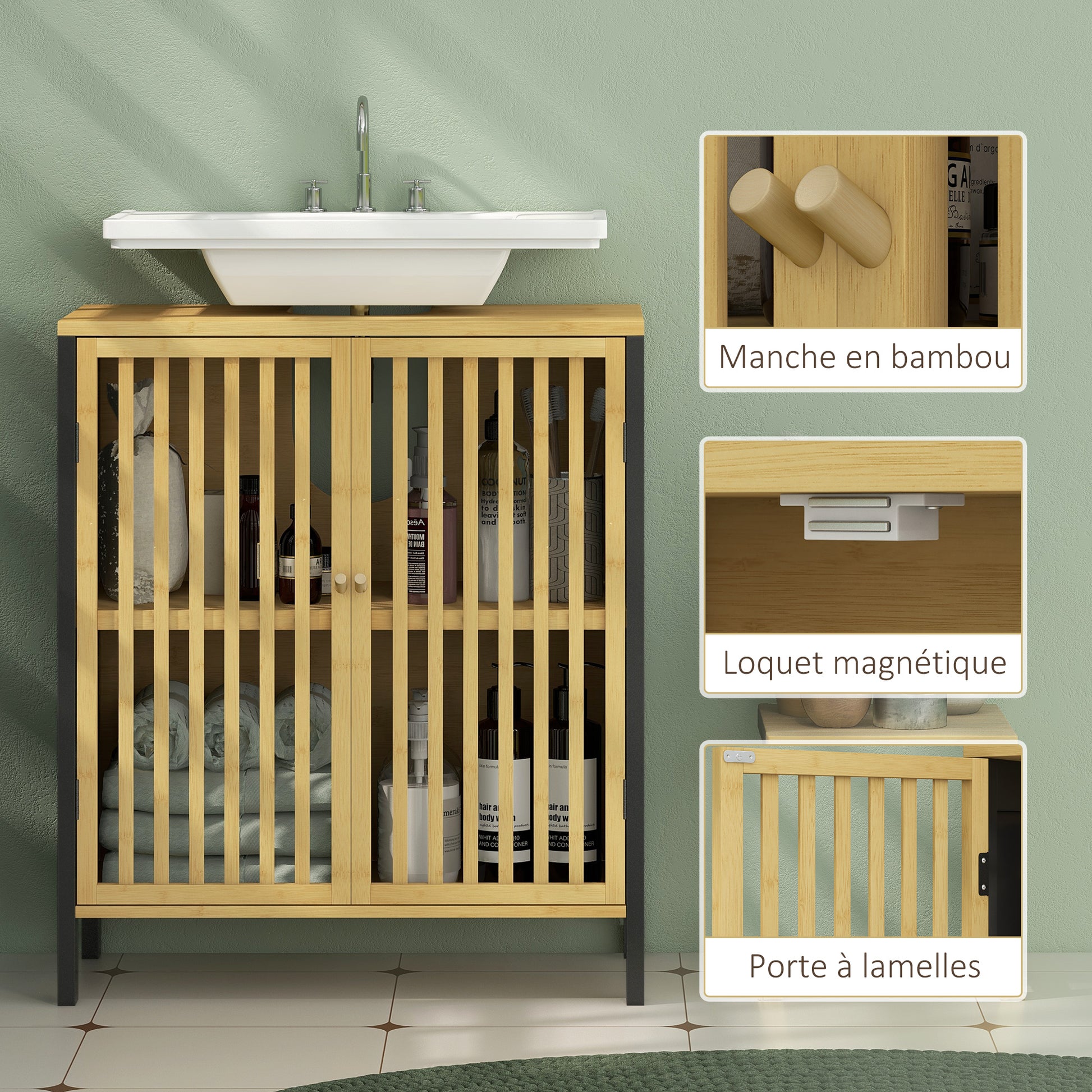 Under-Sink Vanity Cabinet Bathroom Storage Cabinet with Adjustable Shelf for Sink 60 x 30 x 70 cm in Black and Natural Bamboo