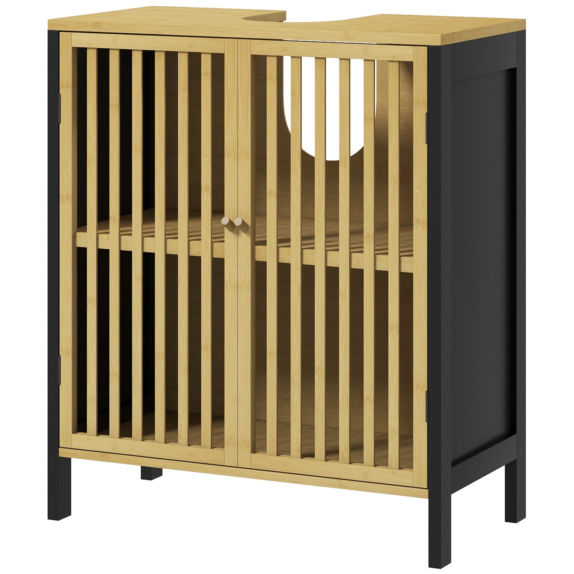 Under-Sink Vanity Cabinet Bathroom Storage Cabinet with Adjustable Shelf for Sink 60 x 30 x 70 cm in Black and Natural Bamboo