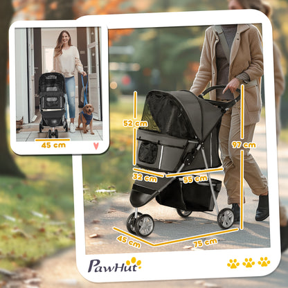 Dog Stroller Foldable Cat Stroller with Pillow Mesh Windows Cup Holder Storage Bag Cat Carriage Buggy Dark Gray
