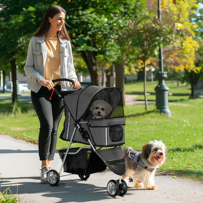 Dog Stroller Foldable Cat Stroller with Pillow Mesh Windows Cup Holder Storage Bag Cat Carriage Buggy Dark Gray