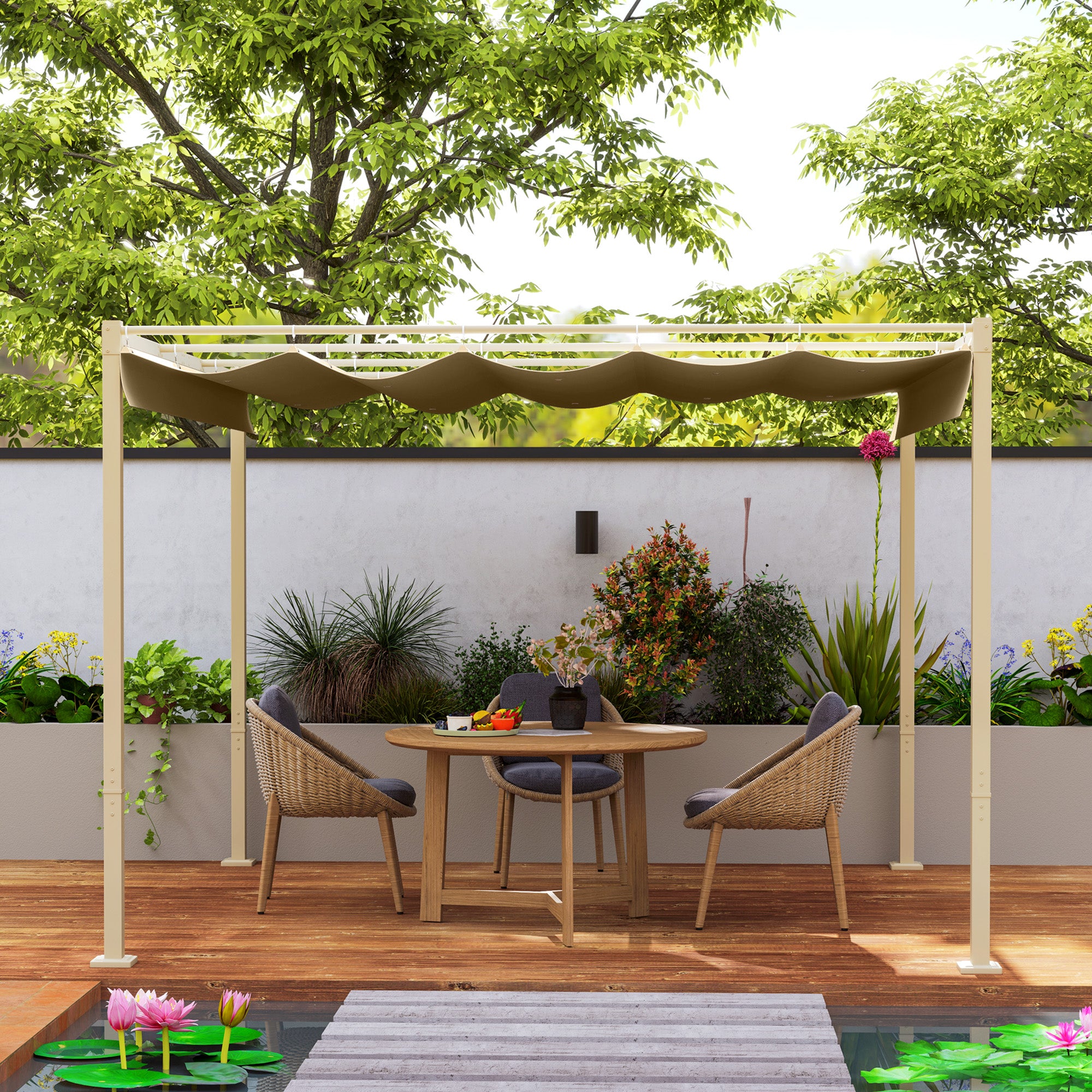 Outdoor Garden Pergola 3 x 3 m Retractable Sliding Pergola with Magnetic Fixing, High-Density 180g/m² Polyester Canopy, UPF30+ Sun Shelter, for Terrace, Patio, Khaki