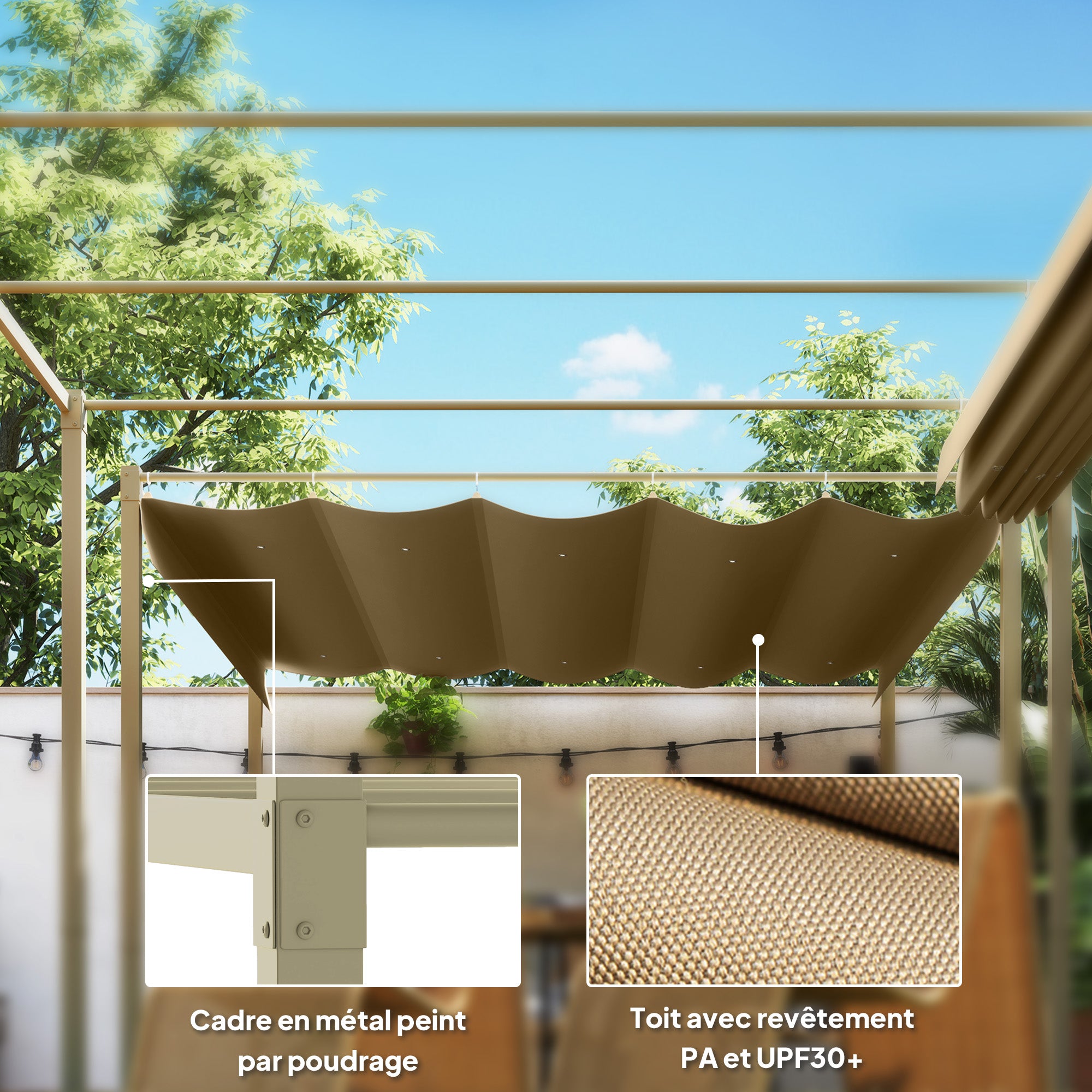 Outdoor Garden Pergola 3 x 3 m Retractable Sliding Pergola with Magnetic Fixing, High-Density 180g/m² Polyester Canopy, UPF30+ Sun Shelter, for Terrace, Patio, Khaki