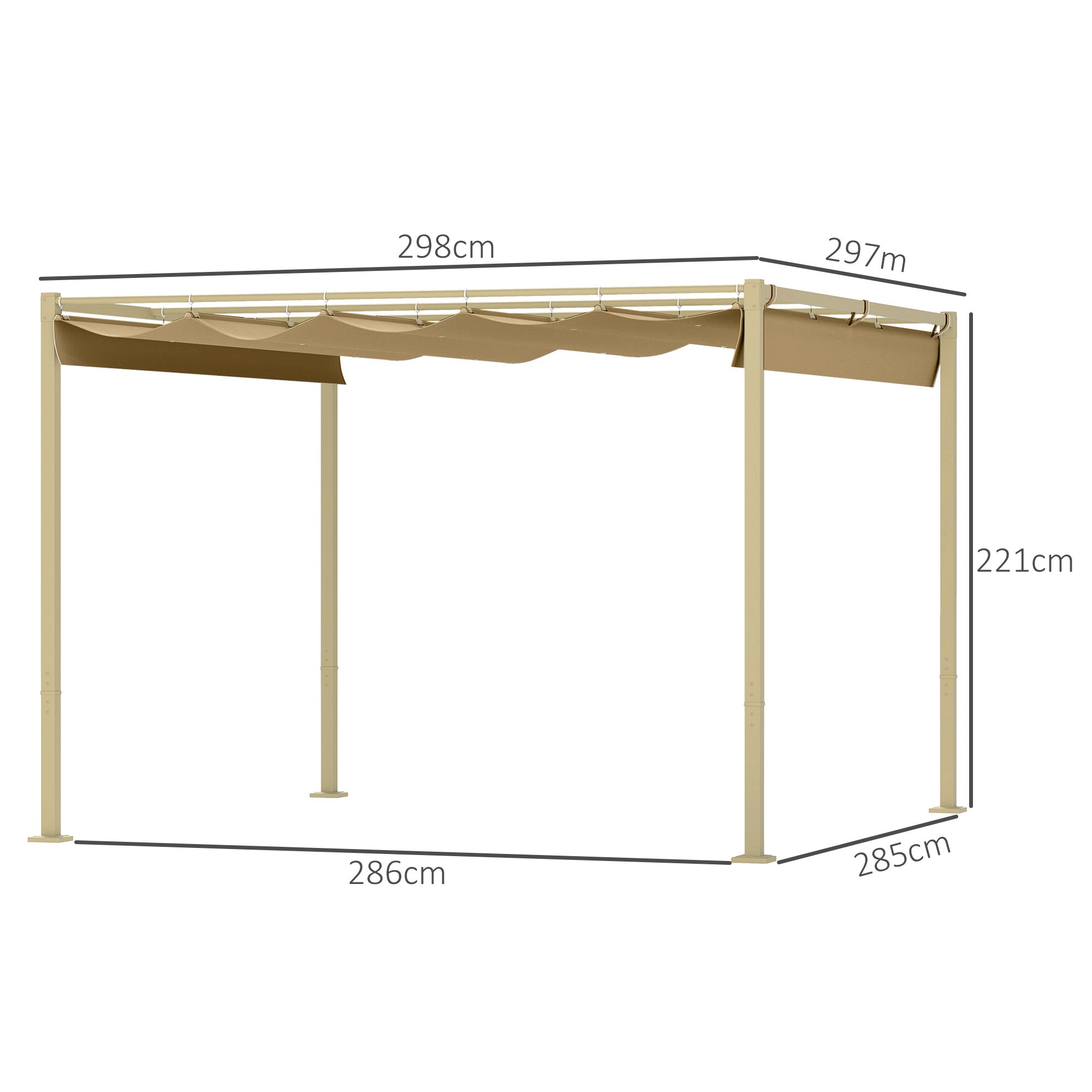 Outdoor Garden Pergola 3 x 3 m Retractable Sliding Pergola with Magnetic Fixing, High-Density 180g/m² Polyester Canopy, UPF30+ Sun Shelter, for Terrace, Patio, Khaki