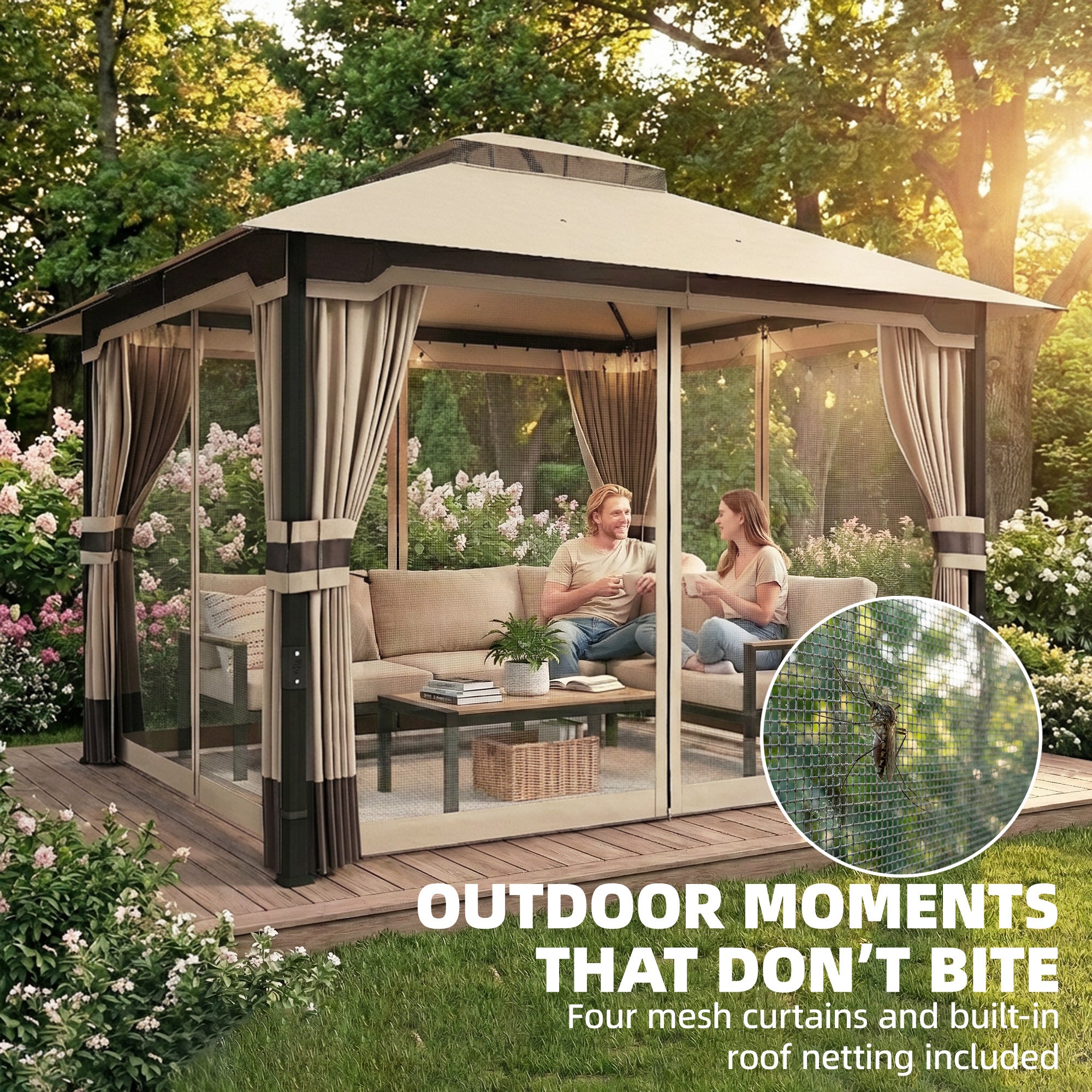 Metal Garden Gazebo 11.8 x 9.8 ft (3.6 x 3.0 m) – Water-Resistant, Stable & Winter-Ready with Double Roof, Mosquito Net, Side Curtains, Drainage Holes — Khaki