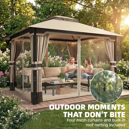 Metal Garden Gazebo 11.8 x 9.8 ft (3.6 x 3.0 m) – Water-Resistant, Stable & Winter-Ready with Double Roof, Mosquito Net, Side Curtains, Drainage Holes — Khaki