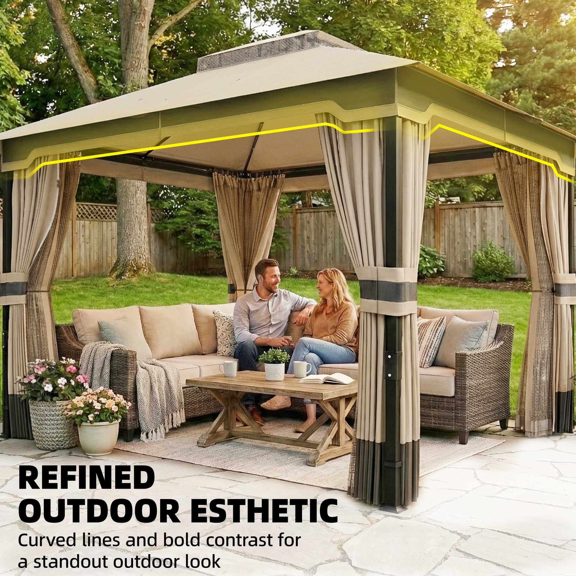 Metal Garden Gazebo 11.8 x 9.8 ft (3.6 x 3.0 m) – Water-Resistant, Stable & Winter-Ready with Double Roof, Mosquito Net, Side Curtains, Drainage Holes — Khaki