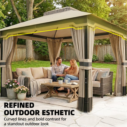 Metal Garden Gazebo 11.8 x 9.8 ft (3.6 x 3.0 m) – Water-Resistant, Stable & Winter-Ready with Double Roof, Mosquito Net, Side Curtains, Drainage Holes — Khaki
