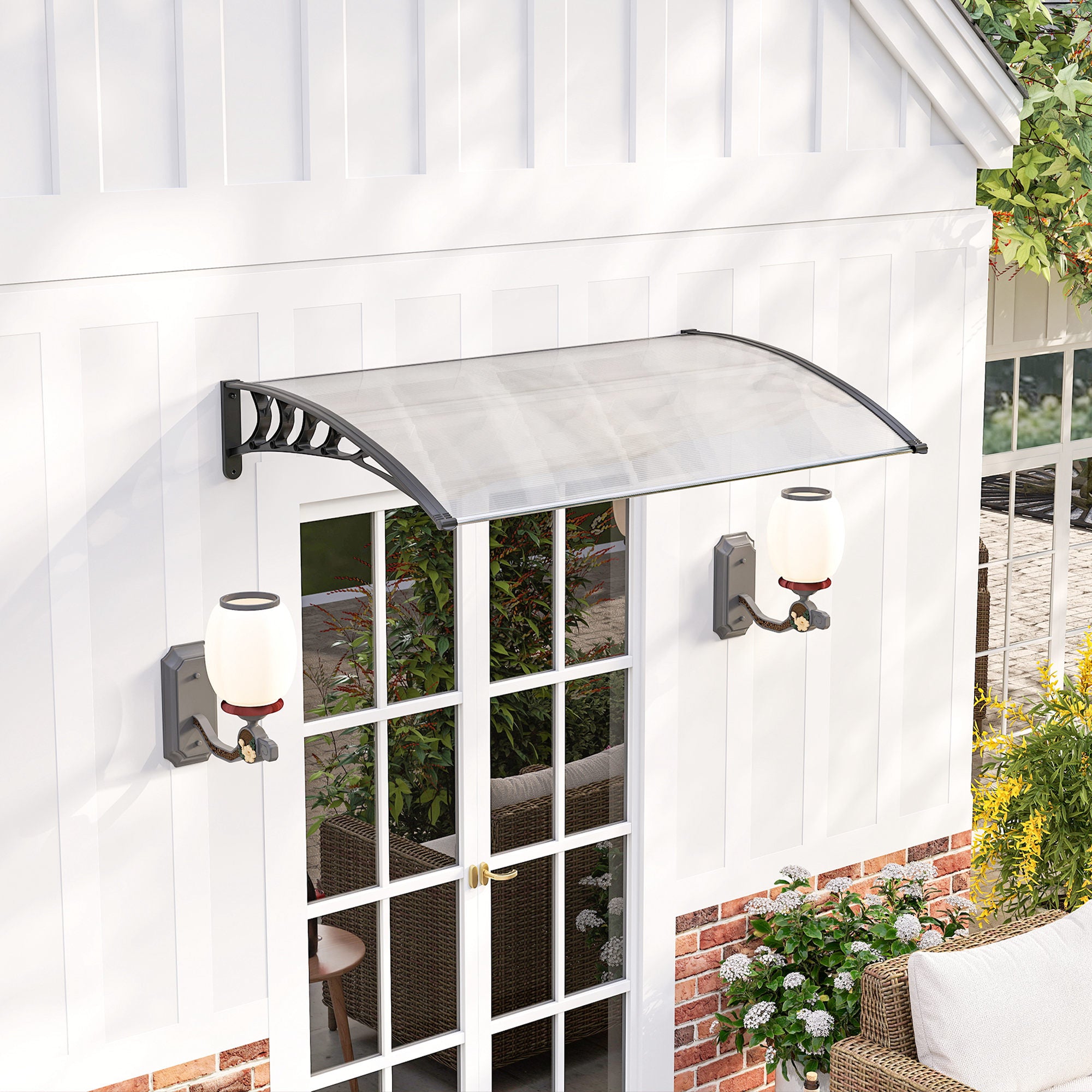 Outsunny Eingangsüberdachung 90 x 150 cm Polycarbonat mit UV-Schutz, schräger Bogen für Sonnenschein- und Regenabwehr im Freien, Weiß