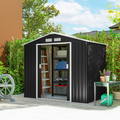 garden shed 2.42 m², garden house with pent roof, sliding door, foundation, 213 x 130 x 185 cm, tool shed made of galvanized steel, weatherproof, for garden, Dark grey