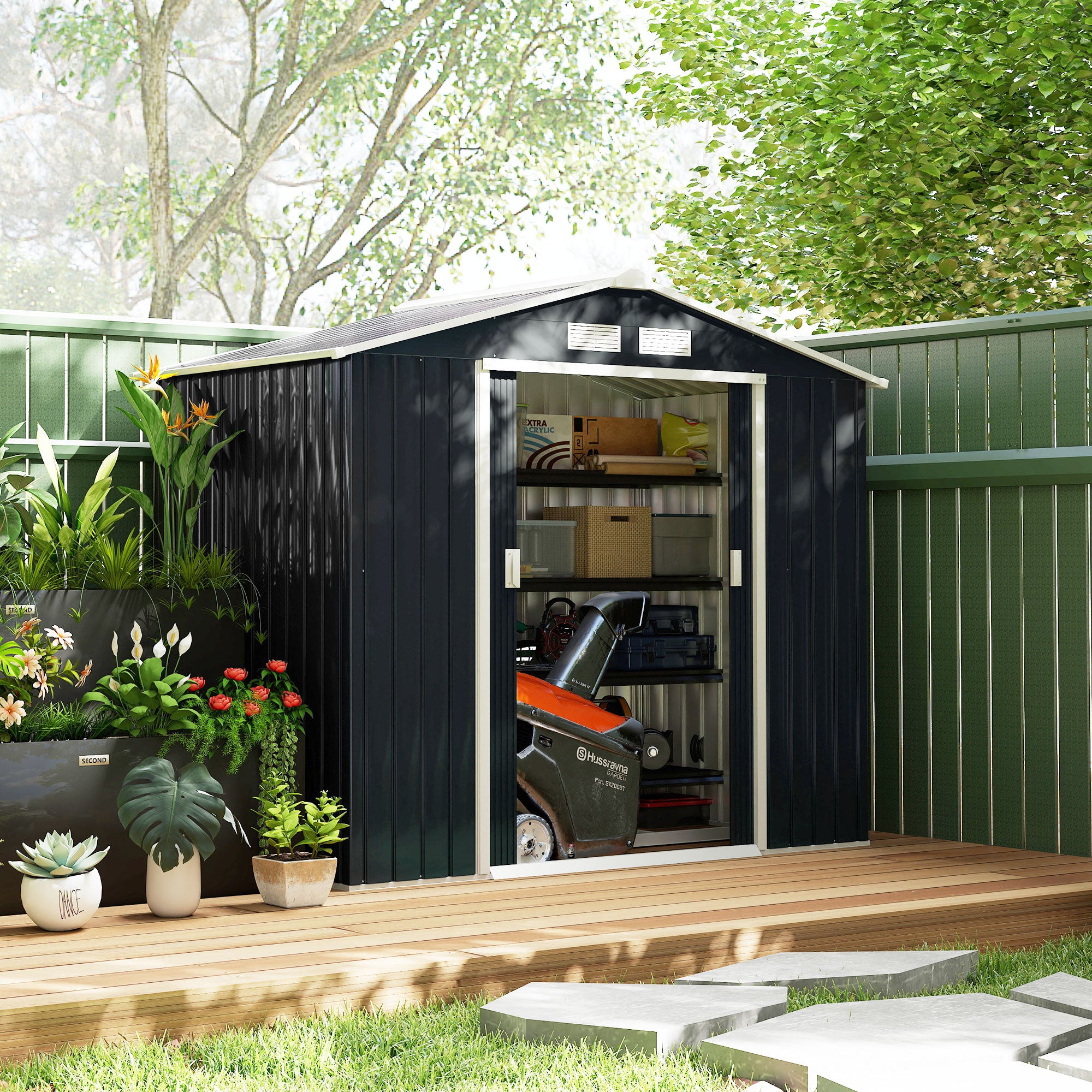 garden shed 2.42 m², garden house with pent roof, sliding door, foundation, 213 x 130 x 185 cm, tool shed made of galvanized steel, weatherproof, for garden, Dark grey