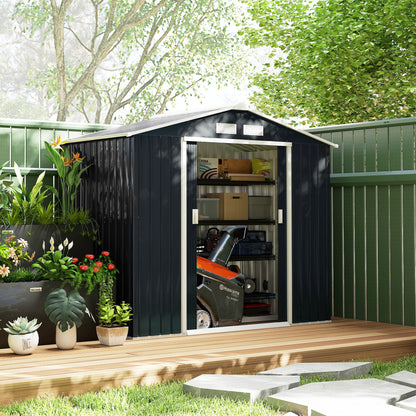 garden shed 2.42 m², garden house with pent roof, sliding door, foundation, 213 x 130 x 185 cm, tool shed made of galvanized steel, weatherproof, for garden, Dark grey