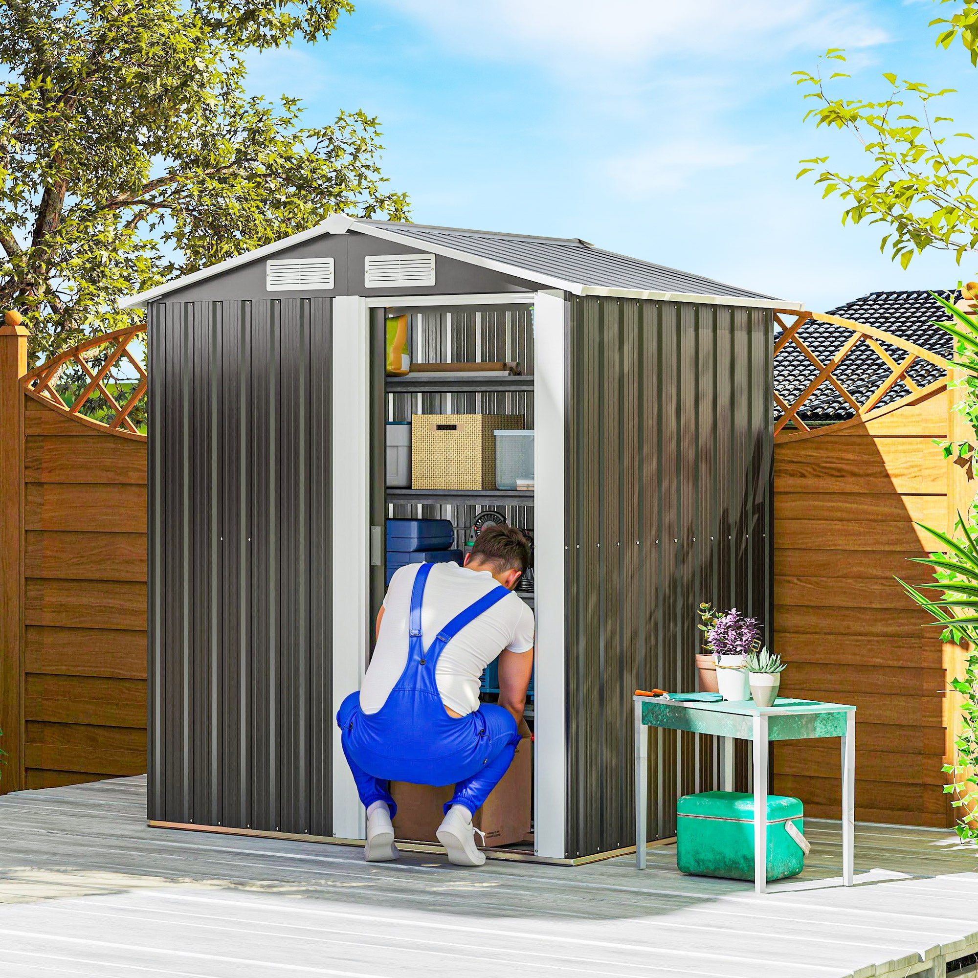 Zinc-Coated Steel Garden Shed, Tool Storage Shed with Sloping Roof and 4 Air Vents, 152x132x188cm, Dark Grey and White