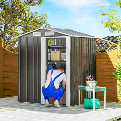 Zinc-Coated Steel Garden Shed, Tool Storage Shed with Sloping Roof and 4 Air Vents, 152x132x188cm, Dark Grey and White
