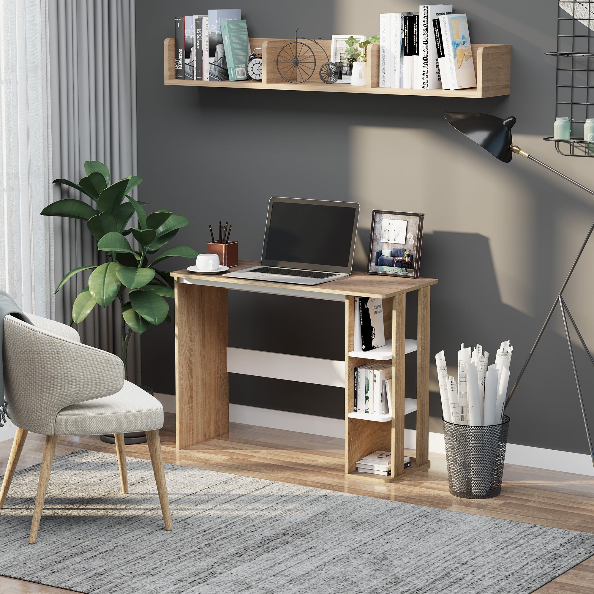 Computer Desk Computer Table dim. 100L x 44W x 74H cm 3 Side Shelves Wooden Light Oak White