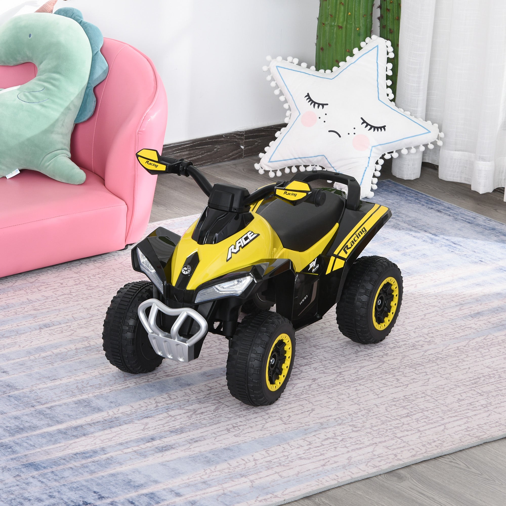 HOMCOM Voiture à Pédales pour Enfants, Go Kart à Pousser avec Jouet à Roulettes pour Enfants de 18-36 mois, Lumières & Musique, Plastique Acier Jaune 67,5 x 38 x 44 cm